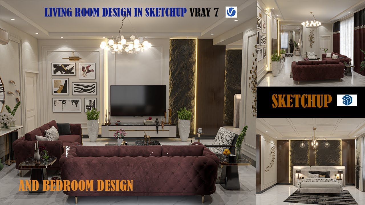 Sketchup interior design #4 How to make living room design and render vray=7