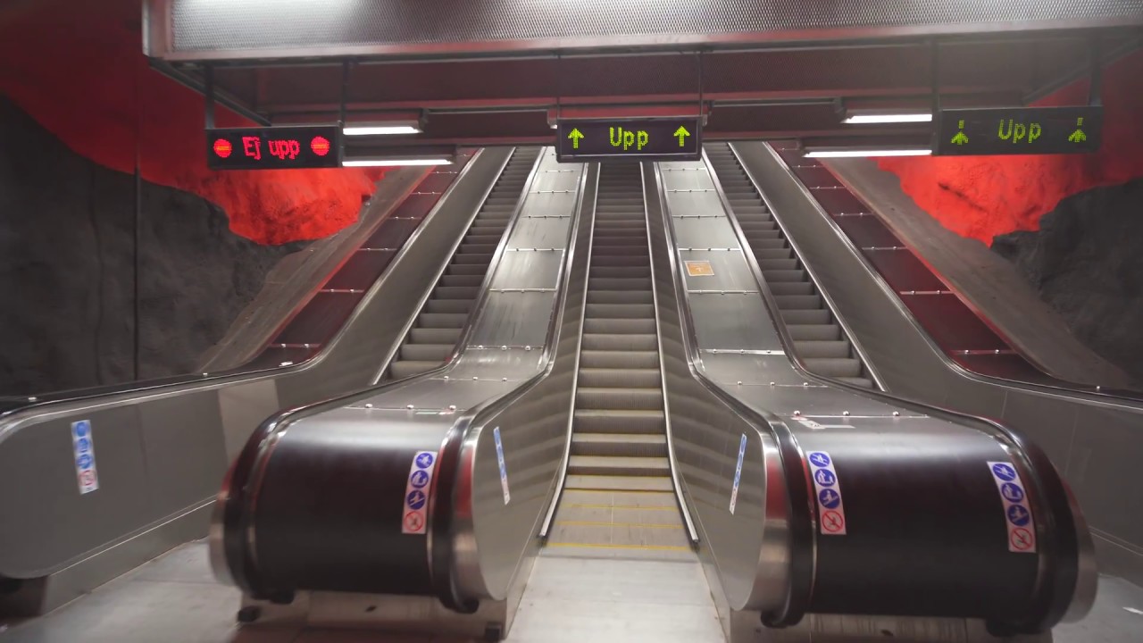 Sweden, Stockholm, Solna Centrum subway station, 3X escalator