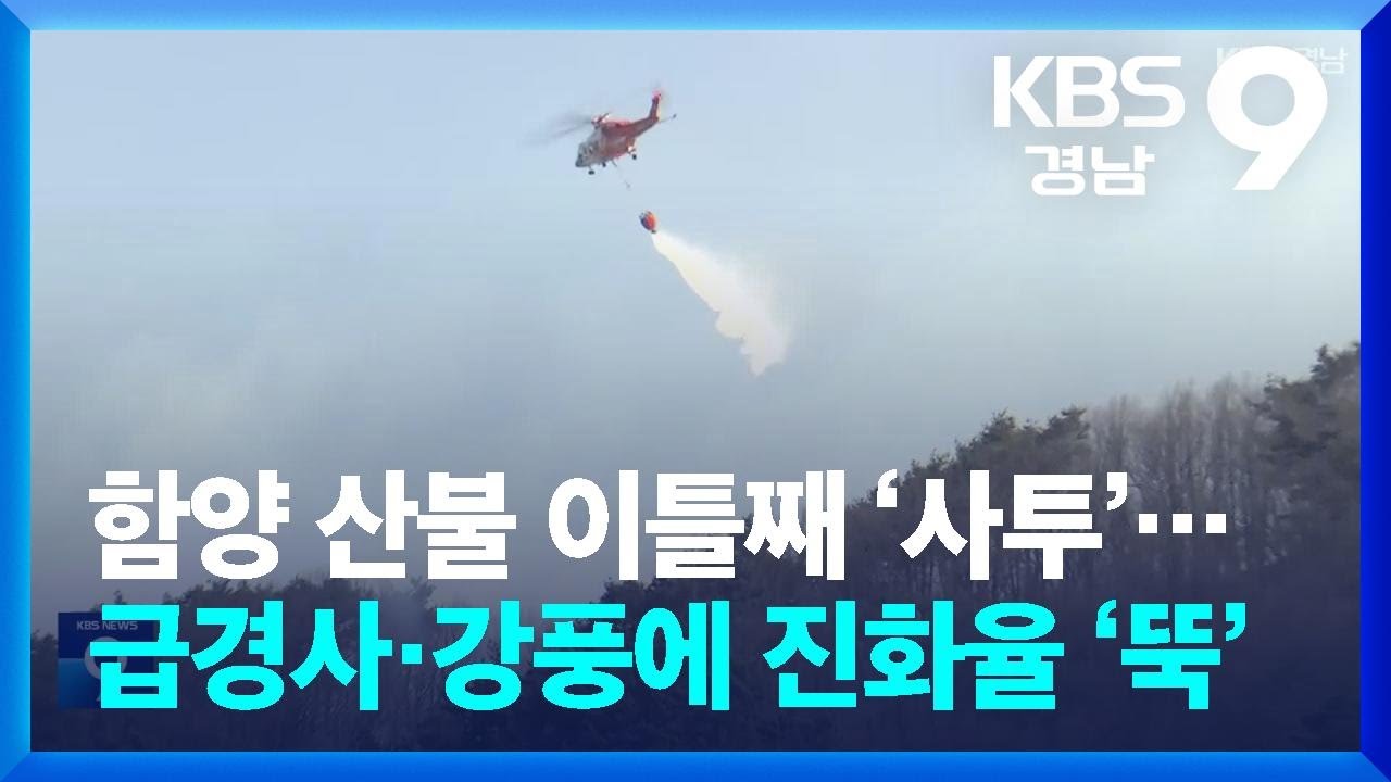 함양 산불 이틀째 ‘사투’…급경사·강풍에 진화율 ‘뚝’ / KBS  2026.02.22.