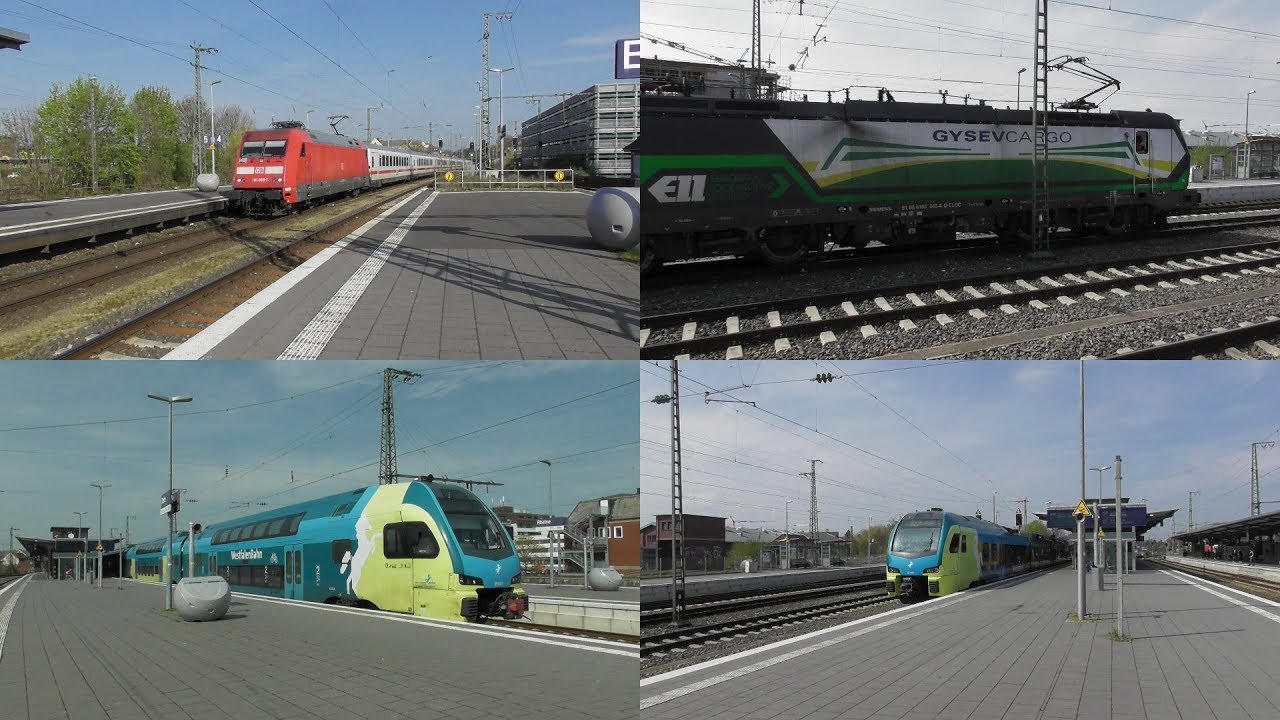 Bahnverkehr im Bahnhof Rheine mit Intercitys, Güterzügen, Flirt 1&3 und KISS