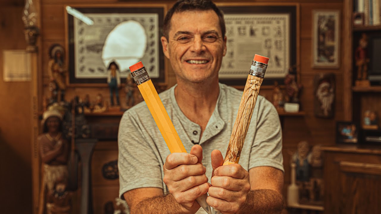 Carving A Wood Spirit In A Massive Pencil || Large Pencil Face Woodcarving