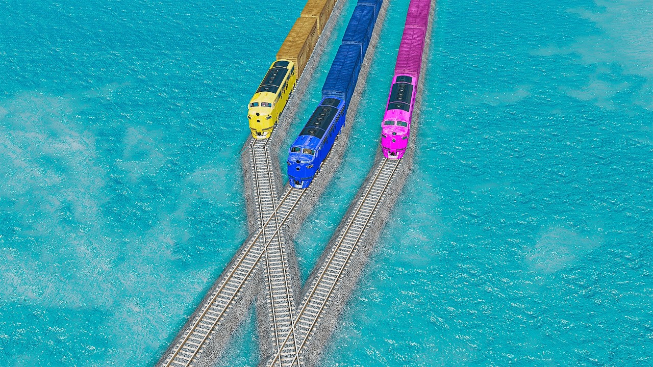 Triple Colorful Trains Vs Double Y Impossible Weird Rails Tracks Crossing Deepwater | BeamNG.drive