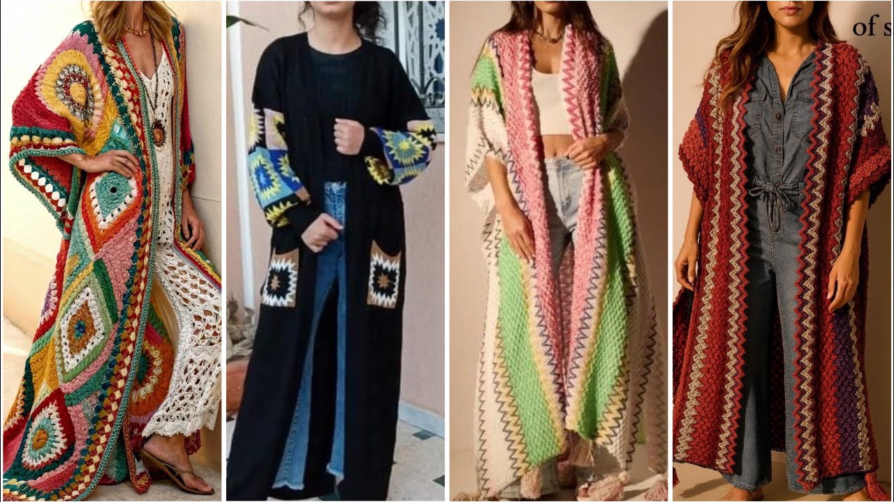 Crochet woollen pattern long cardigan designs for winters  #crochetcardigans