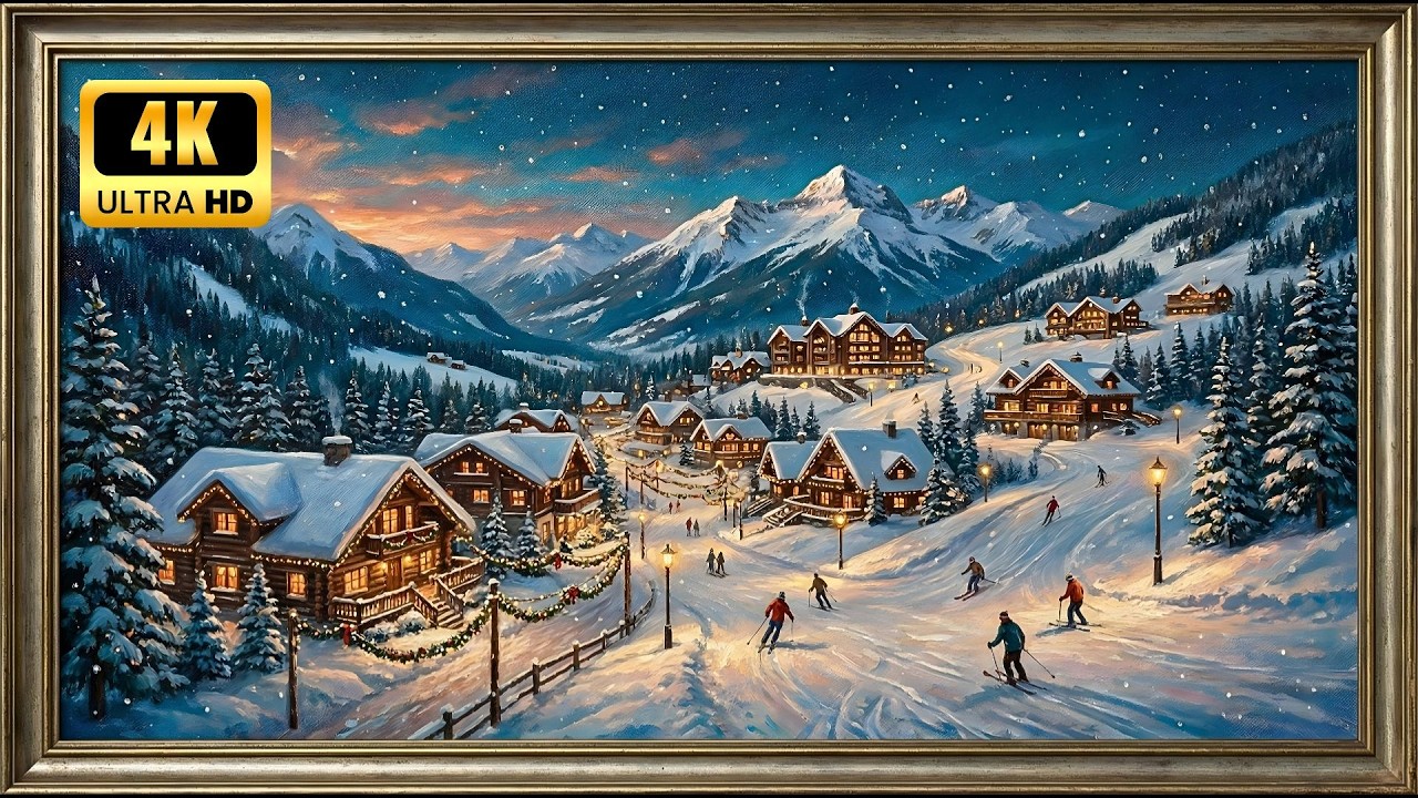 Villagers Skiing In The Snow At Night - 4K TV Frame Screensaver  #TVScreensaver #RelaxingScreensaver