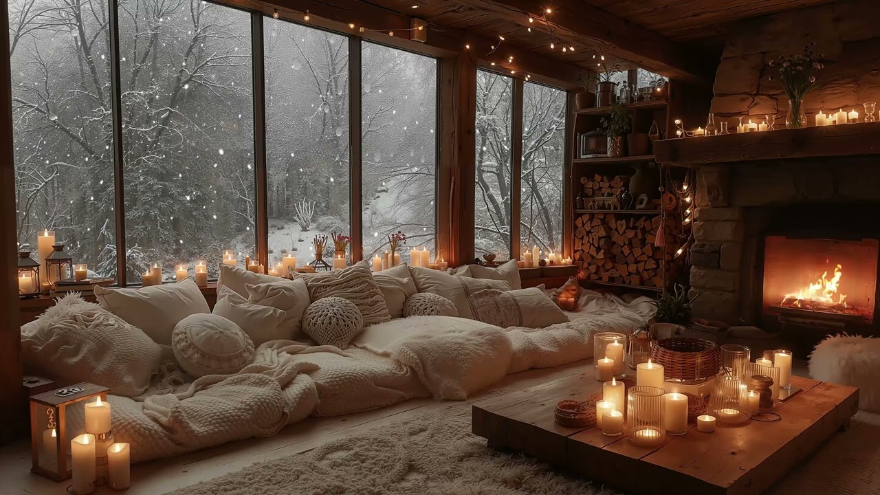 Relaxing Winter Night Atmosphere ❄️ Soft Piano Music & Warm Fireplace Sounds for Deep Sleep