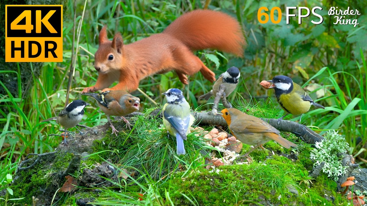 TV dla kot&oacute;w 😻🐦 Niesamowite ukryte miejsce pełne ptak&oacute;w i wiewi&oacute;rek 🐿 4K 60FPS
