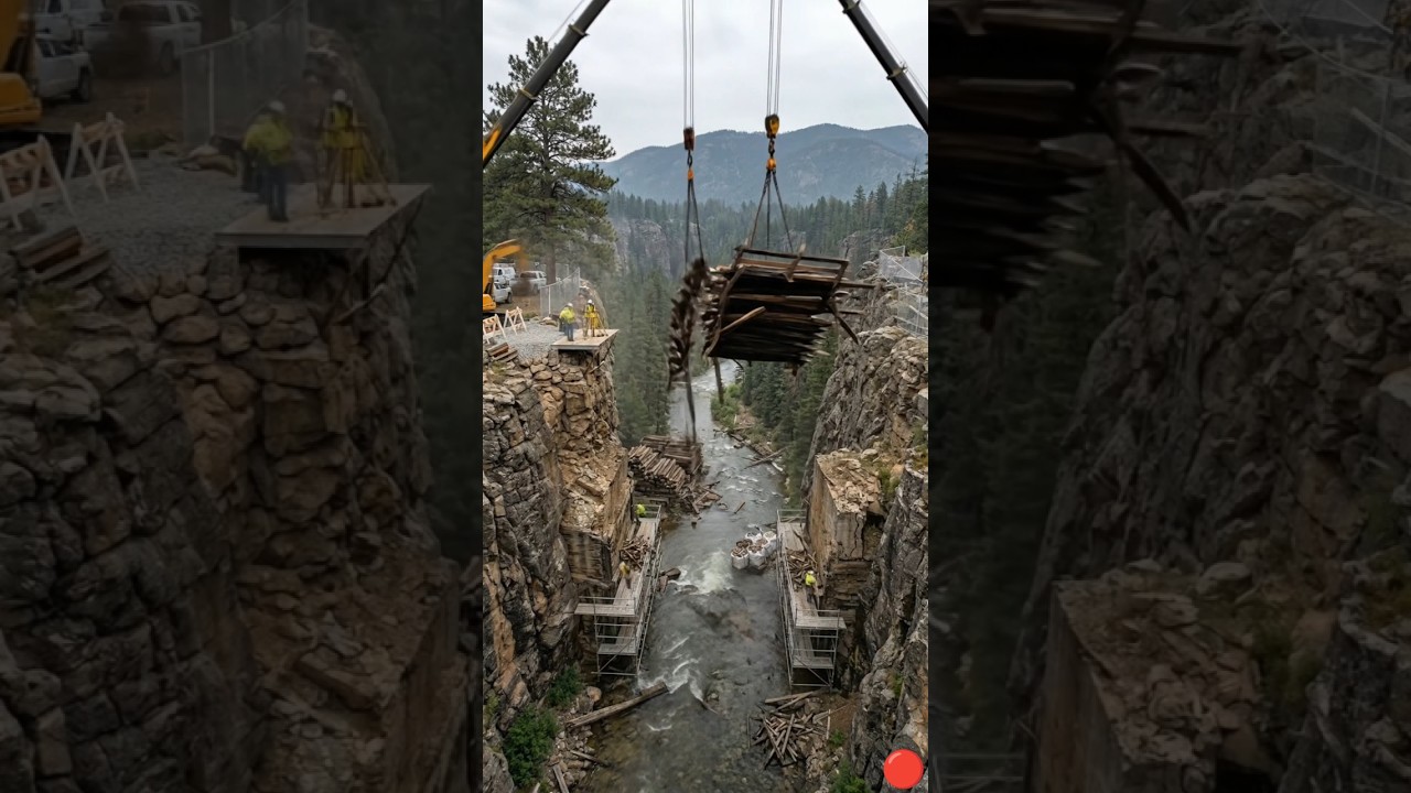 Unsafe Wooden Bridge Replaced by a Modern wooden Arch Bridge in a Beautiful European Village.