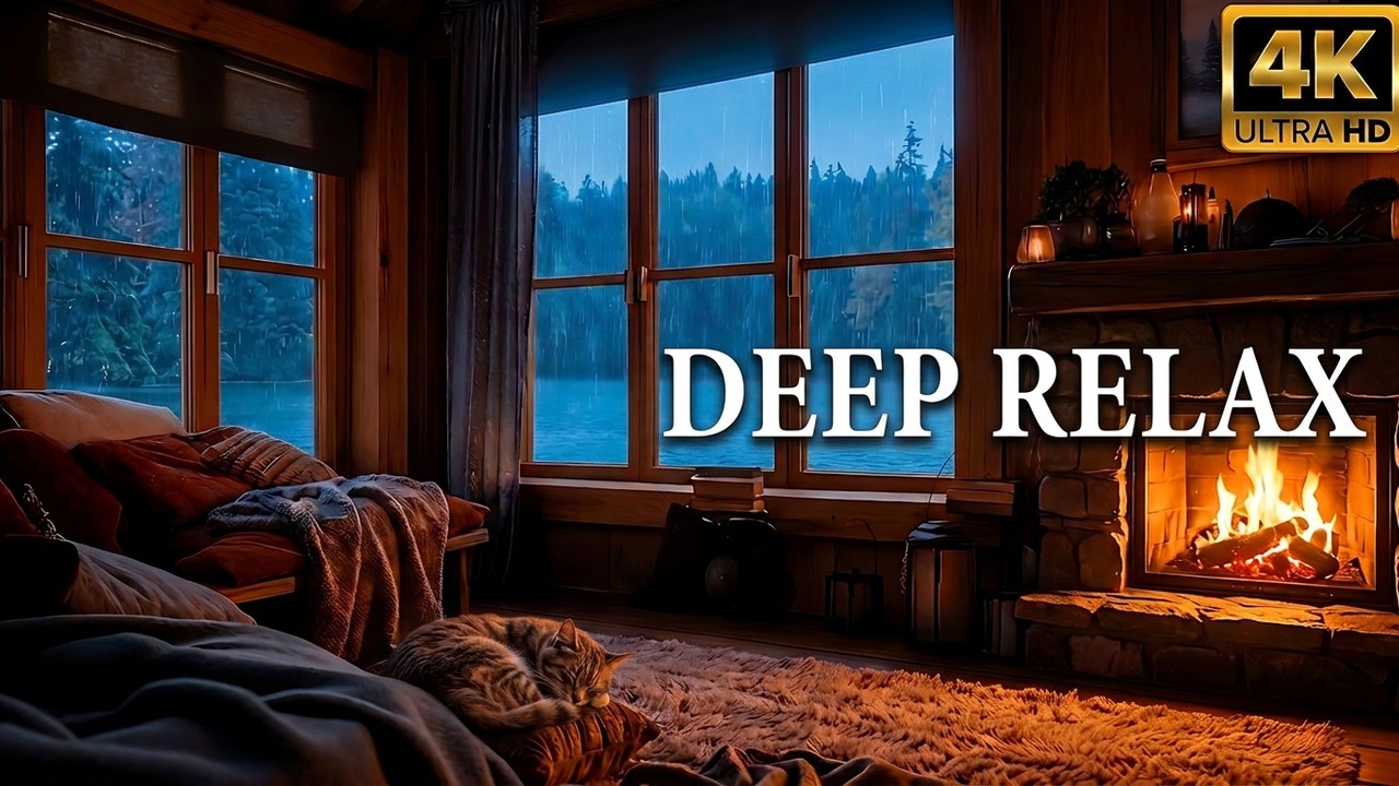 Lakeside Cabin Porch Ambience | Soft Rain, Crackling Fire & Distant Bird Sounds for Relaxation 4K