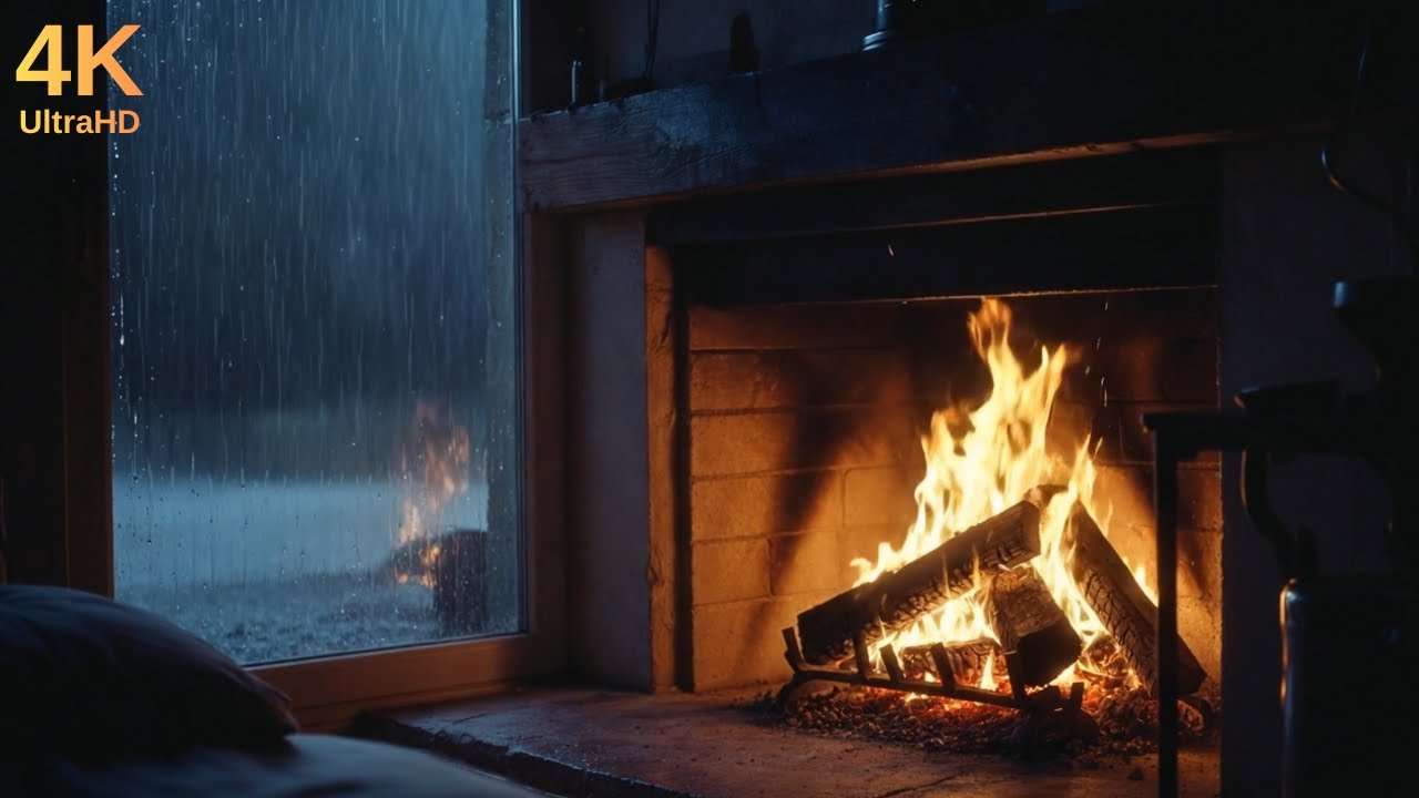 Rainy Night Fireplace Ambience for Relaxation, Deep Sleep, and Focus