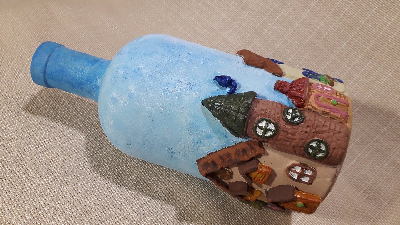 GARRAFA DECORADA COM CASINHAS - MASSA ARGILA DE SECAGEM AO AR - @luci buzo