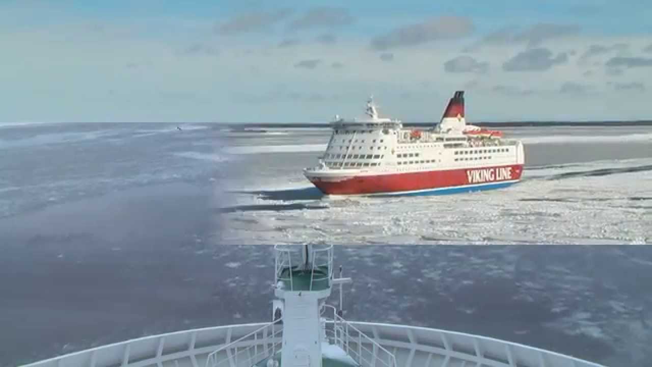 Cruising Viking Line ferries in the icy Baltic sea.