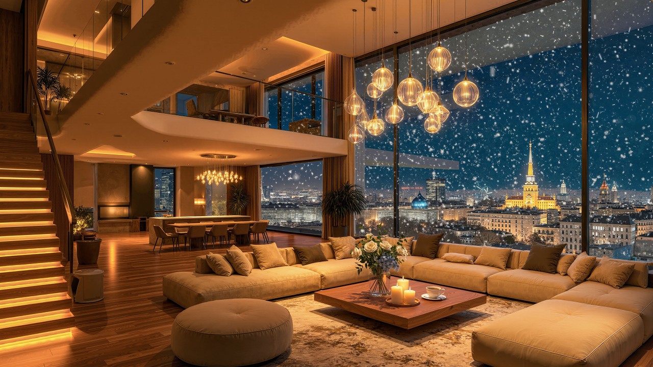 [4K] Soothing Piano Jazz & Fireplace Sounds | Cozy Apartment Ambience in a Snowy Weather to Rest