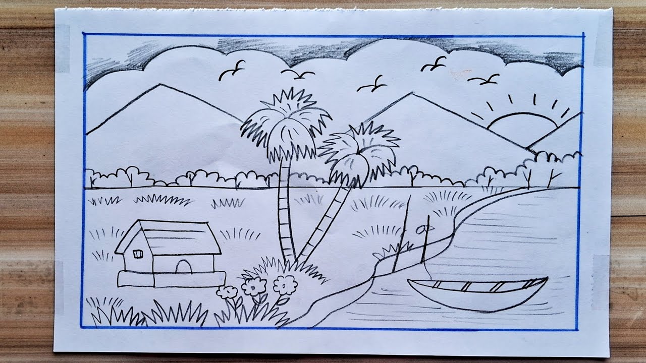 কৌশলে প্রাকৃতিক দৃশ্য অঙ্কন / Easy Village Scenery Drawing Tutorials / How to Draw Beautiful Scenery