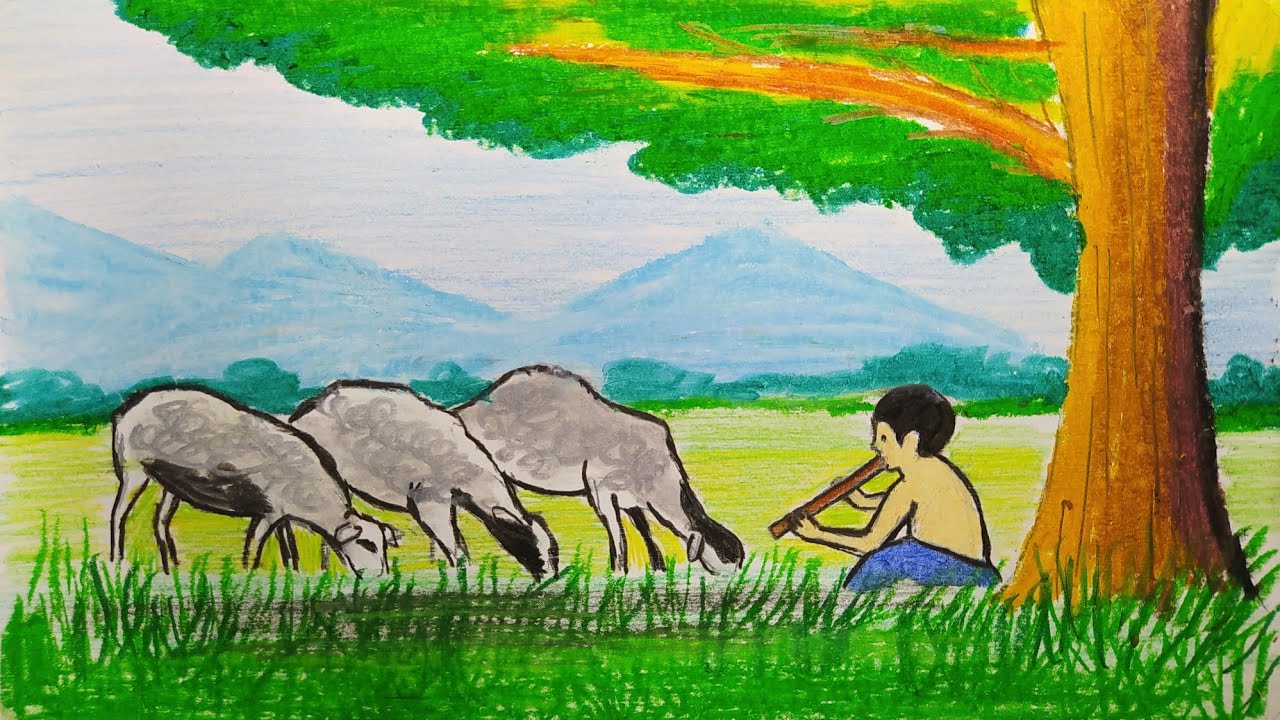 Drawing Sheep Shepherd Of children under the tree flute | Step by step
