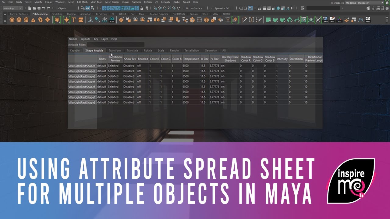 Using Attribute spread sheet to alter a parament or more for multiple objects in Autodesk Maya 2018