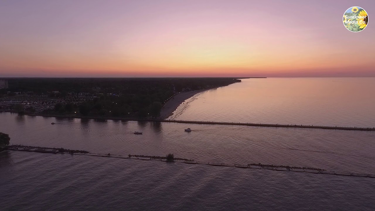 Drone View of Lake Ontario Sunset, Genesee River, Port of Rochester, NY