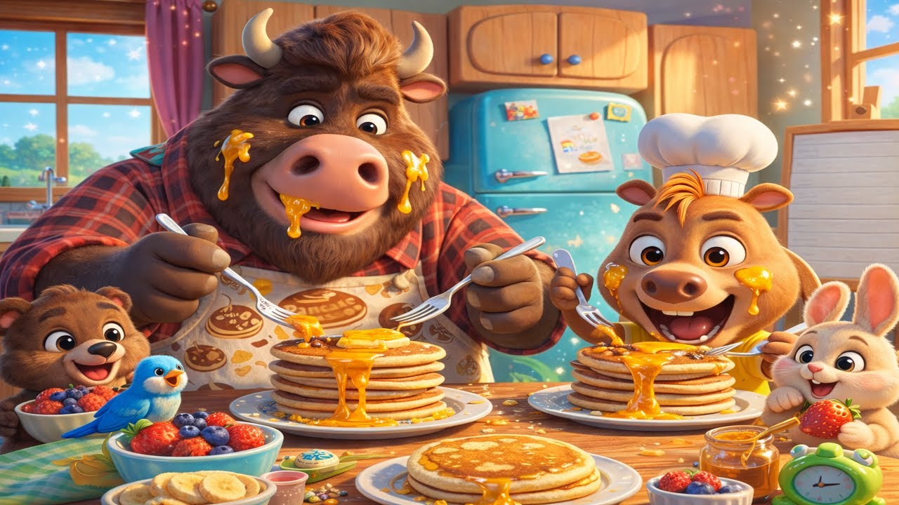 Bison Family Funtime Pancake Morning with Dad 🥞 Learning Patience & Kindness  3D Animation