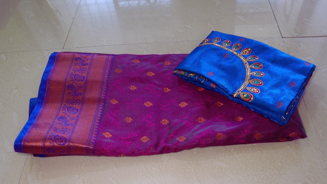 Designer Paithani silk saree blouse neck design cutting and stitching| Embroidery blouse design