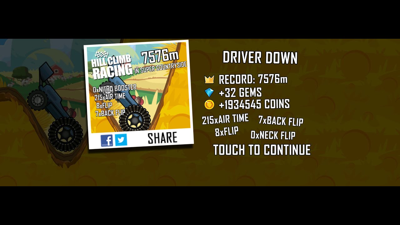 Hill Climb Racing: 7576m in Super Countryside on Garage (no boosters, no pets)