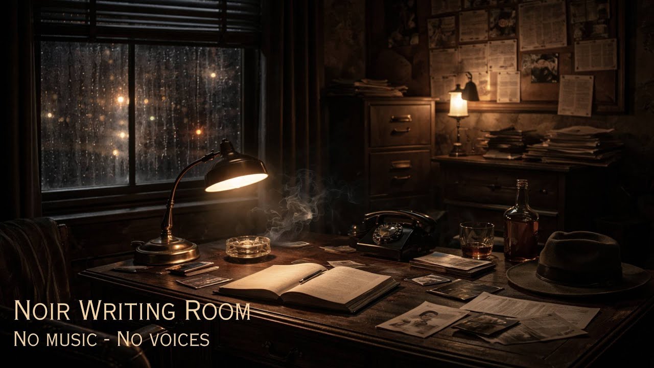 Noir Writing Room | Rain & Desk Lamp | No Music, No Voices (1 Hour)