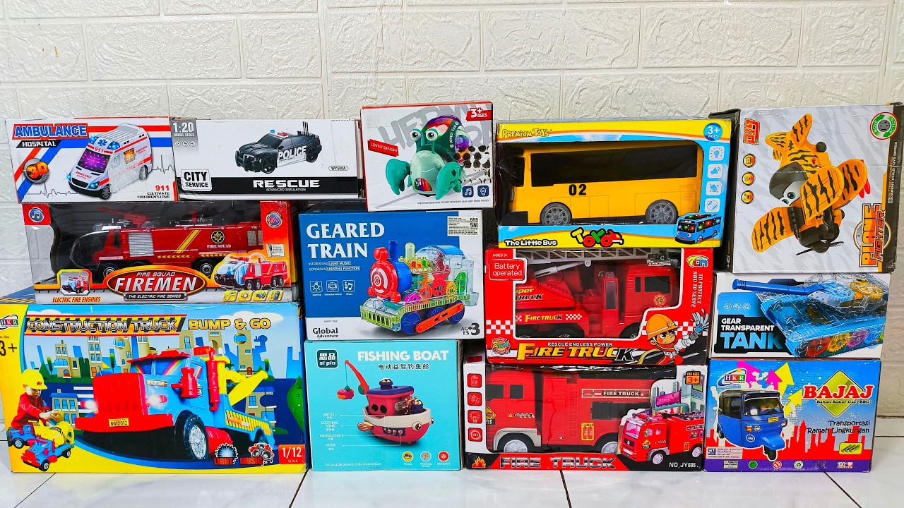 Unboxing Kereta Api, Mobil Polisi, Mobil Ambulans, Truk Pemadam, Bus, Pesawat