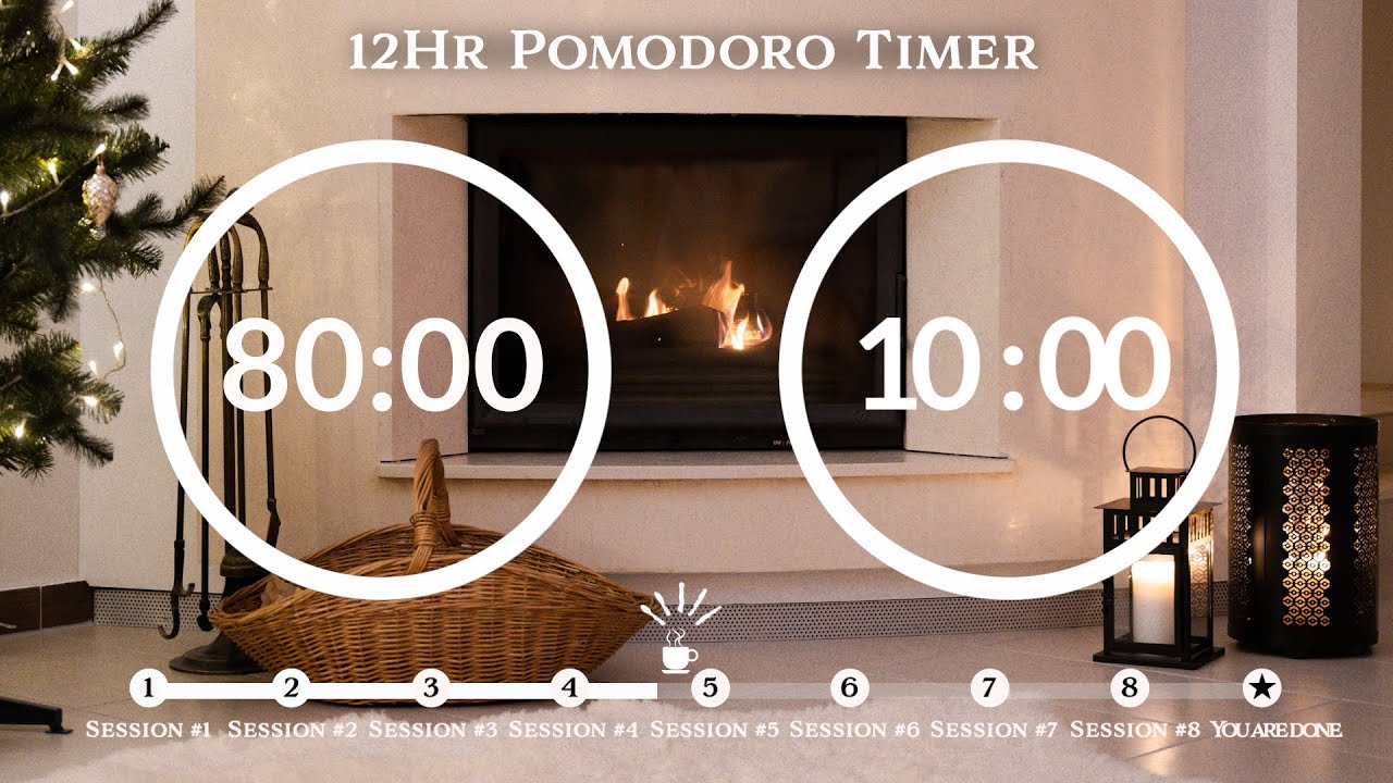 80 Minute Pomodoro Timer🔥Fire crackling sound 장작소리 ASMR📚12-Hour Study⏱Pomodoro 80/10, 80min*8 sets
