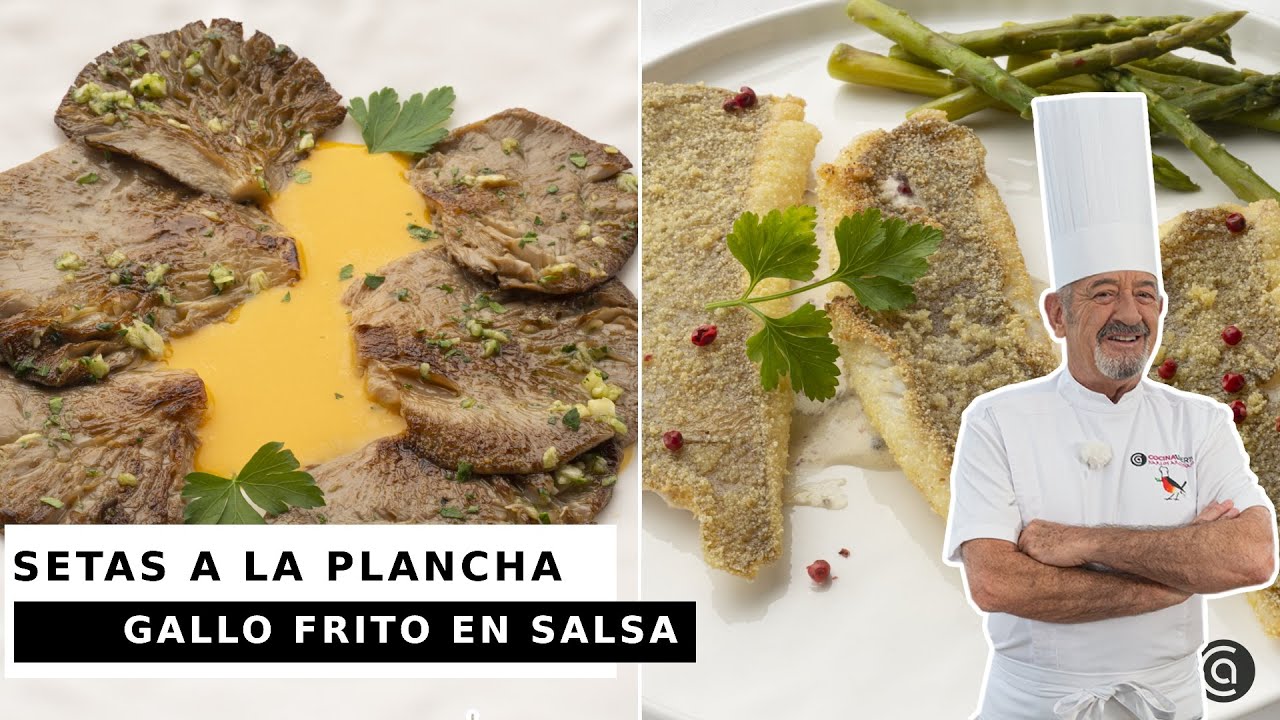 Setas a la plancha con crema de zanahoria y Gallo frito en salsa // Cocina Abierta