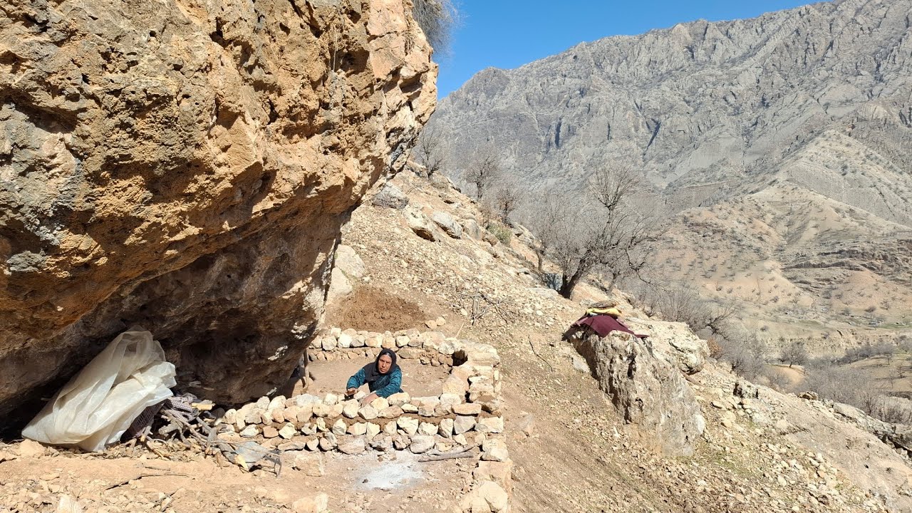 Elderly Mother Alone in the Zagros Mountains | Building a Stone Wall to Survive the Harsh Wild