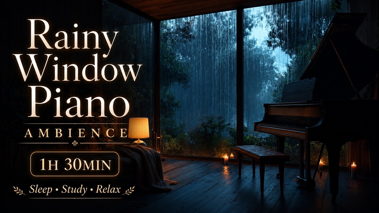 Piano Room Rainy Window Ambience (1H 30MIN) • Sleep • Study • Relax | Piano Music Only