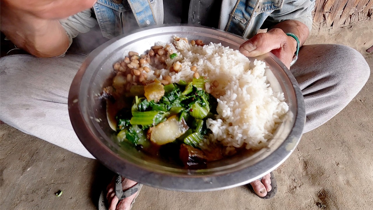 jungle man's lunch || pork mustard curry & rice Lunch || jungle family cooking ||
