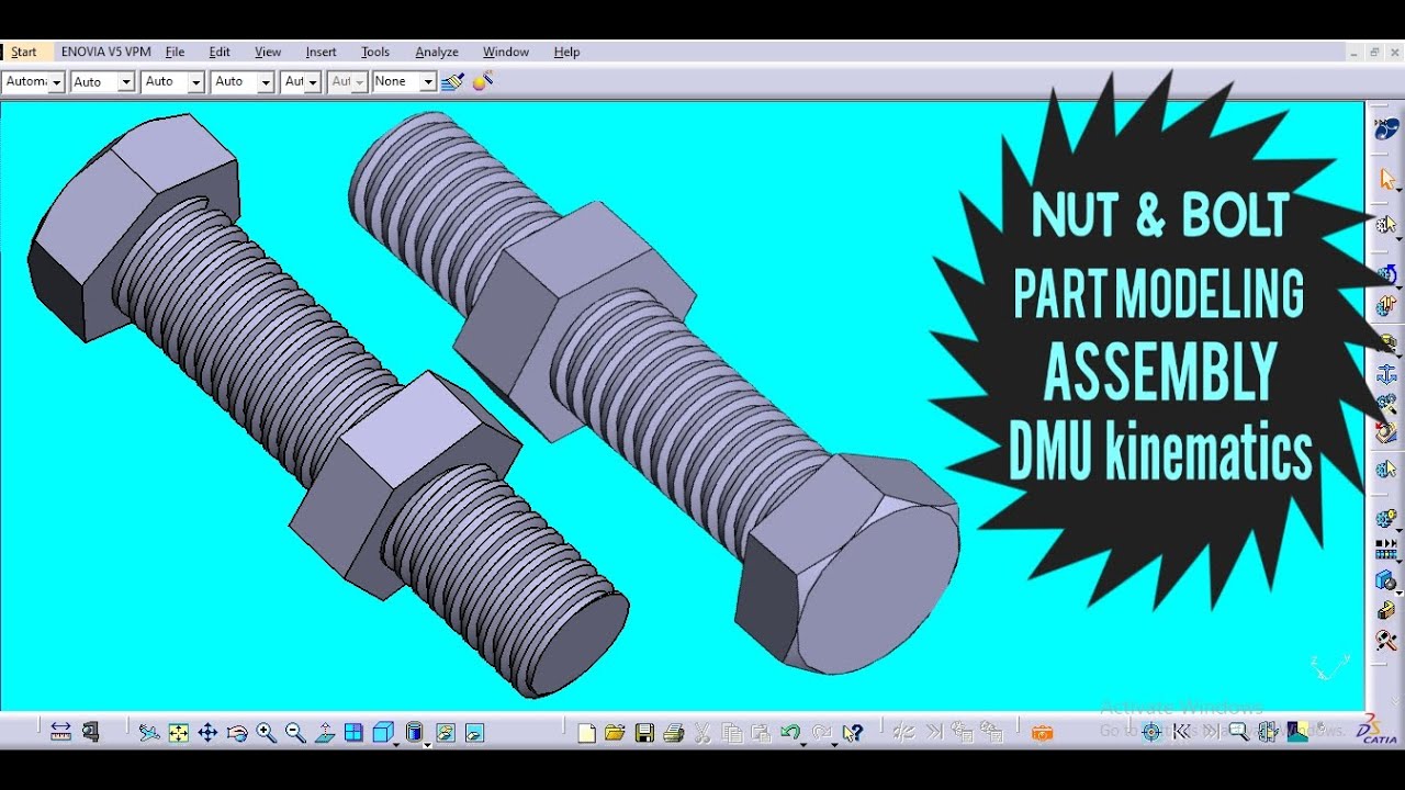 Nut and bolt full tutorial part modelling Assembly DMU Kinematics, How to design nut bolt in catiaV5