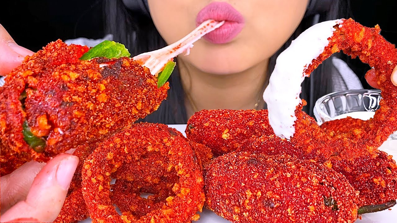 ASMR Hot Cheetos Onion Rings and Mozzarella Jalapeño Poppers (Eating Sounds) No Talking Eating Show