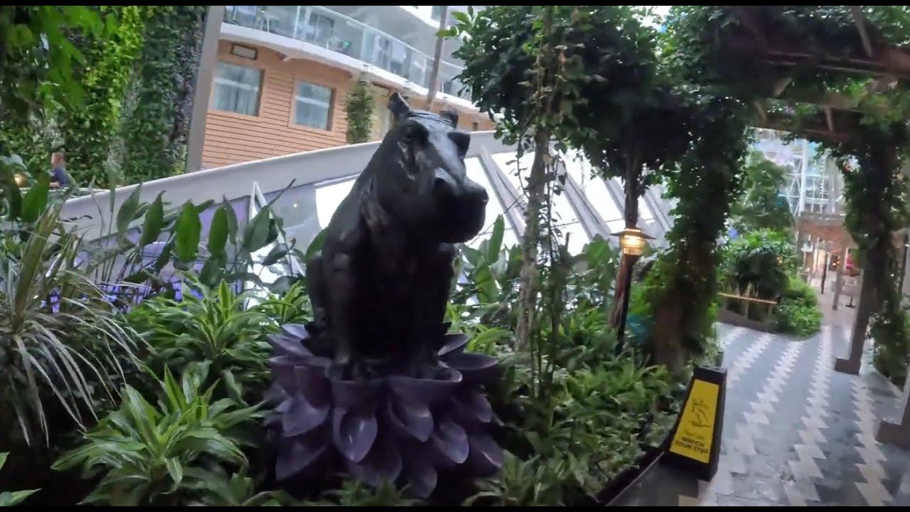 Central Park on Utopia of the Seas ship is open-air neighborhood with live plants and entertainment