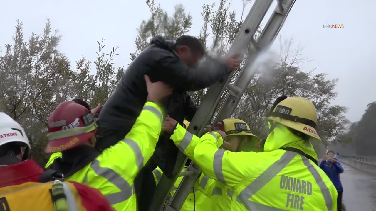 Over a dozen people rescued from river bottom during heavy rains in Ventura, California.