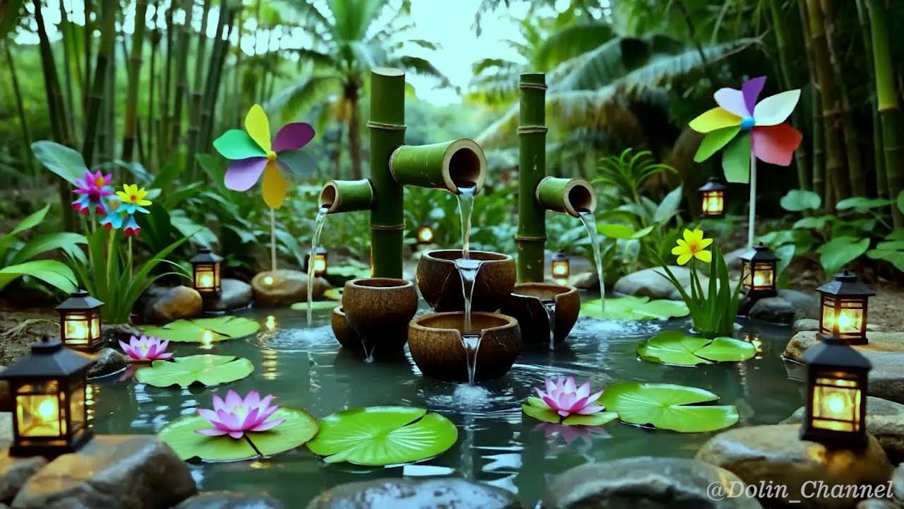 Peaceful Lotus Pond Bamboo Fountain 🌿 10+ Hours Relaxing Water Sounds & Evening Nature Ambience
