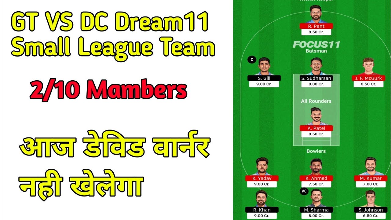 GT vs DC Dream11 team | GT vs DC Dream11 Small league team | DT vs DC Dream11 Mini GL Team
