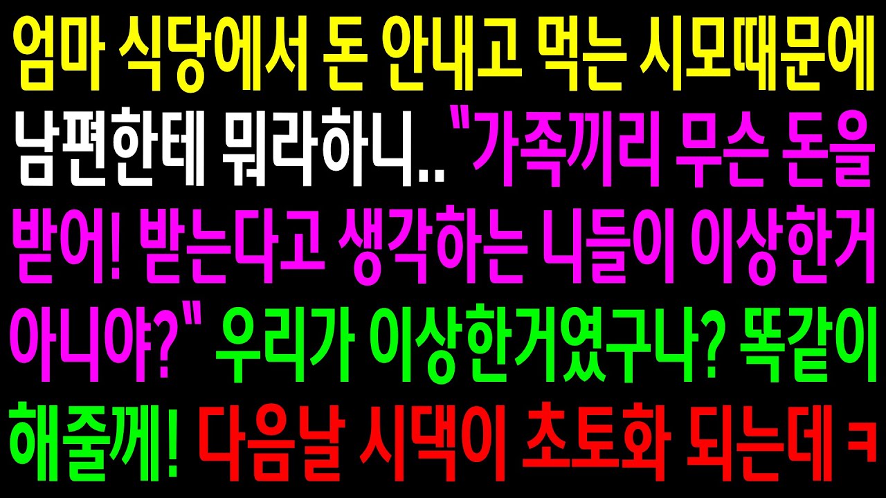 (반전사연)엄마 식당에서 돈 안내고 먹는 시모 때문에 남편한테 뭐라하니 오히려 내가 이상하다는 남편..똑같이 해줬더니 시댁이 초토화 되는데[신청사연][사이다썰][사연라디오]