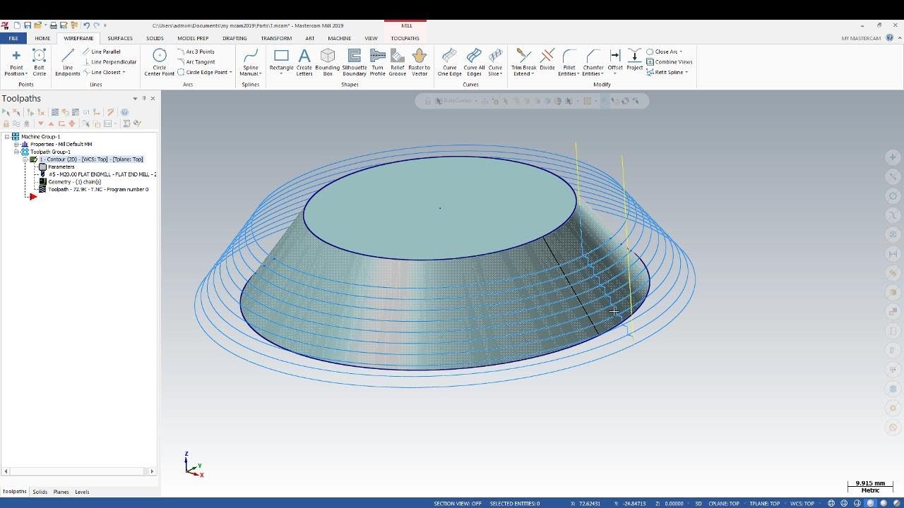 Tutorial MasterCam 2019: Taper angle on Contour 2d