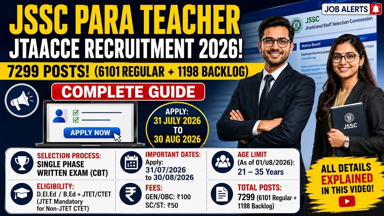 JSSC Para Teacher Recruitment 2026 | 7299 Posts | JTAACCE Form Date, Eligibility, Fees & Exam