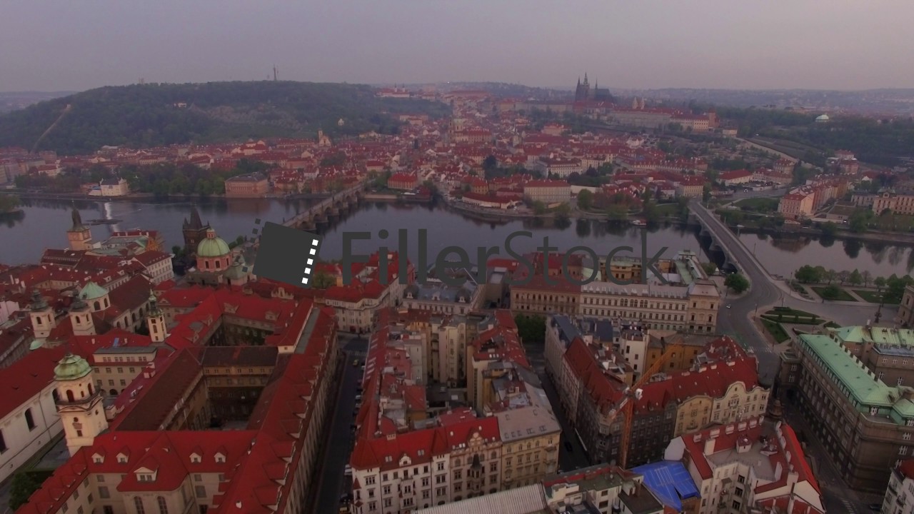 Prague city view and Vltava river, aerial shot