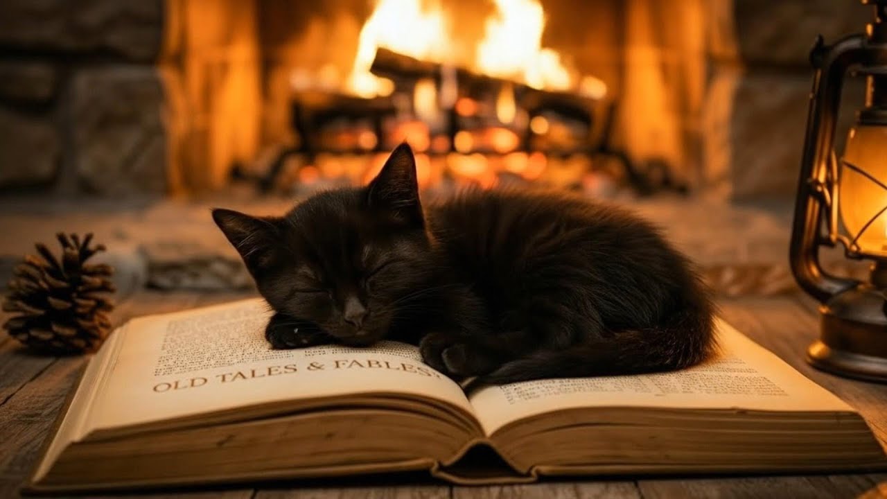 Soothing Fireplace + Sleepy Kitten = Instant Relaxation.
