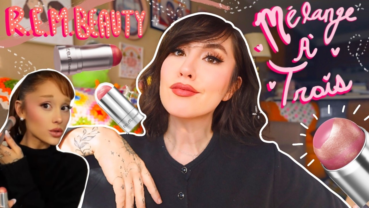 @r.e.m.beauty by @ArianaGrande  MÉLANGE À TROIS BLUSH & HIGHLIGHT STICK SWATCHES+REVIEW