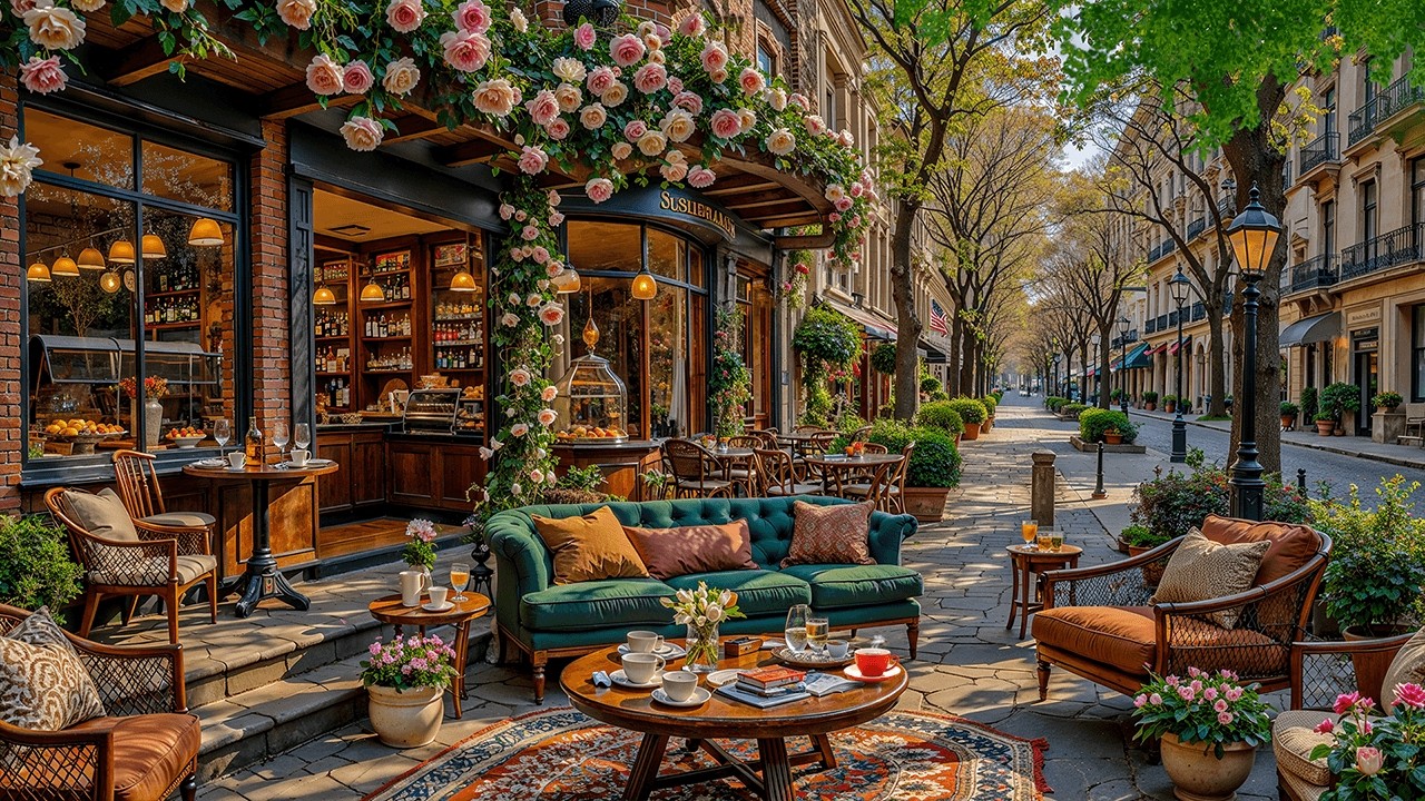 Cozy Coffee Shop Ambience 🍃 Jazz Background Music with Spring Atmosphere for Relaxing, Work & Study