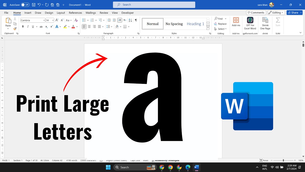 How to print large letters on single sheet of paper in Microsoft word