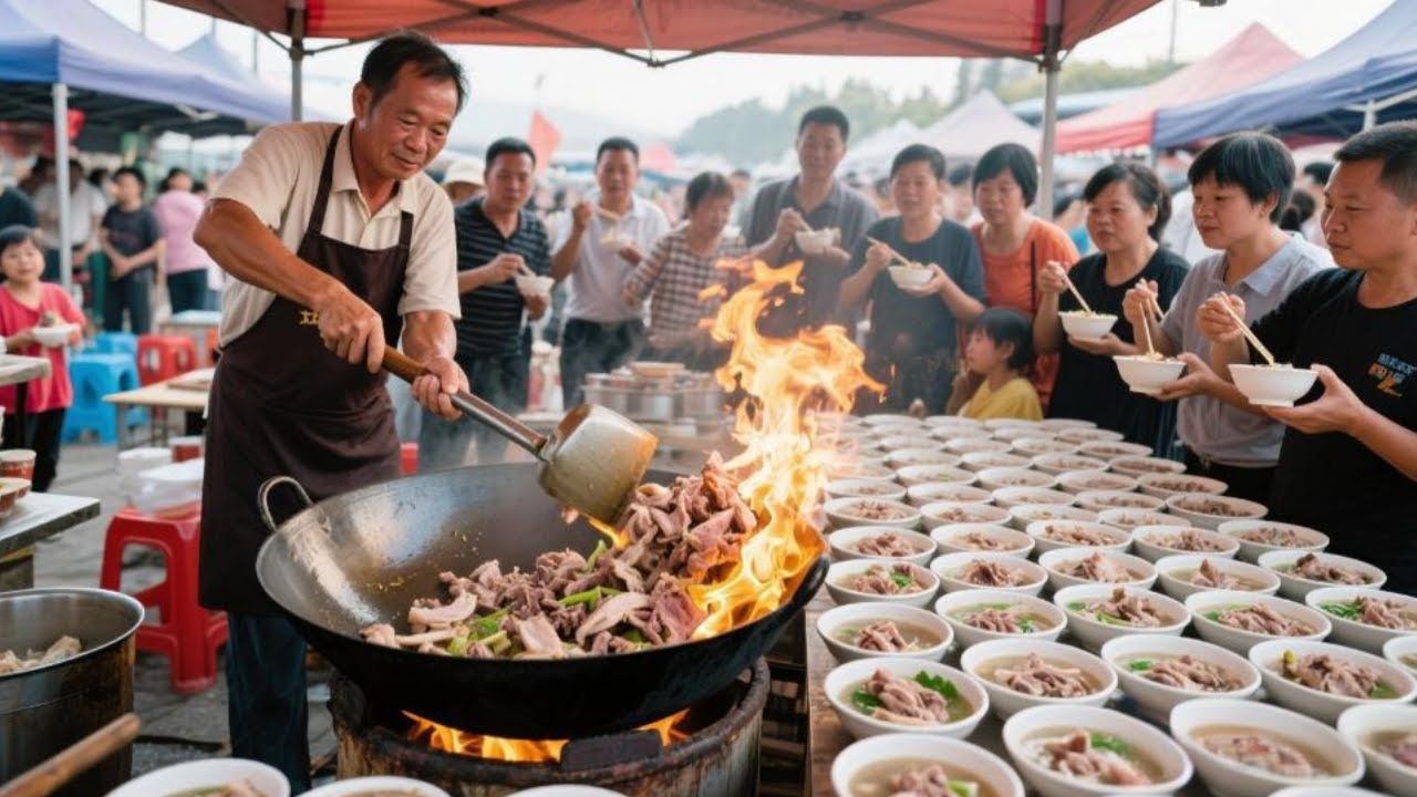 【震惊!】宁夏中卫农村露天大集，50岁大叔卖豪横煎猪臟，15元满满一碗加猪头肉太香
