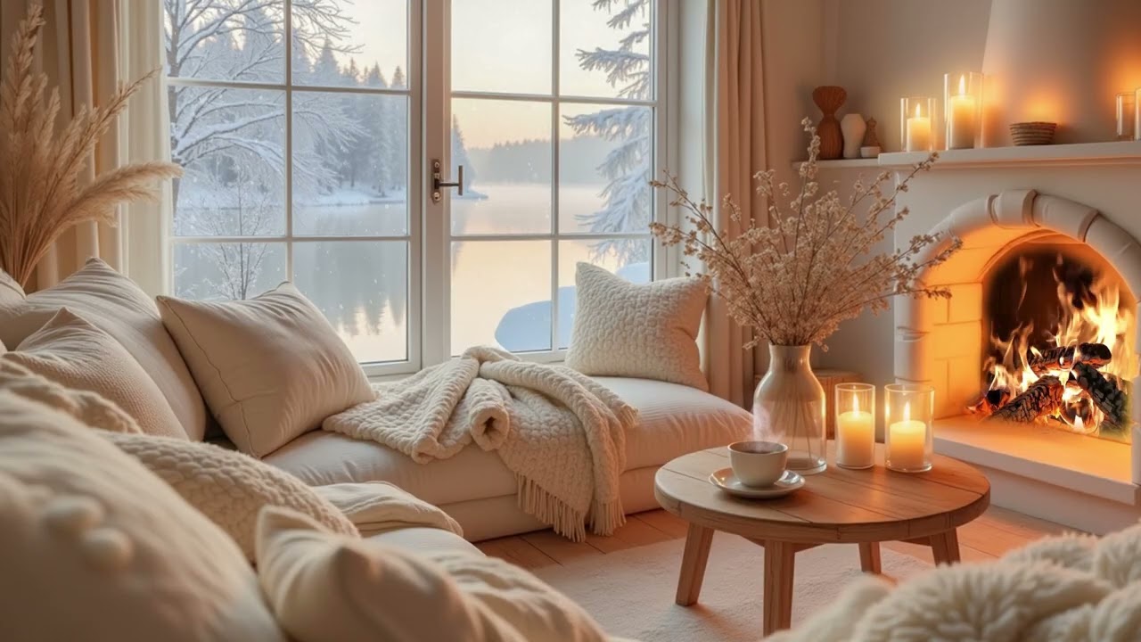 Warm Winter Cabin by the Lake ❄️ Soft Piano Music & Crackling Fireplace Sounds for Sleep & Focus