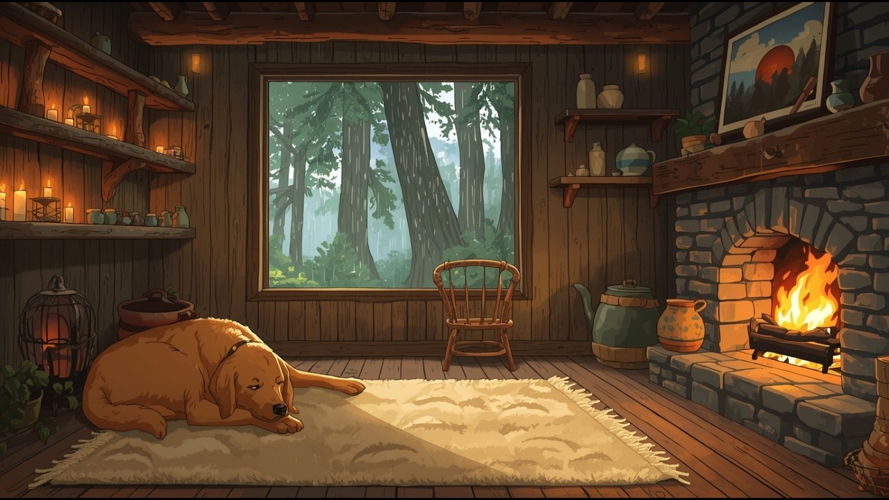 Rainy Evening Cabin Fireplace 🌧️🔥 Calm Lofi Music for Study, Focus & Relaxation