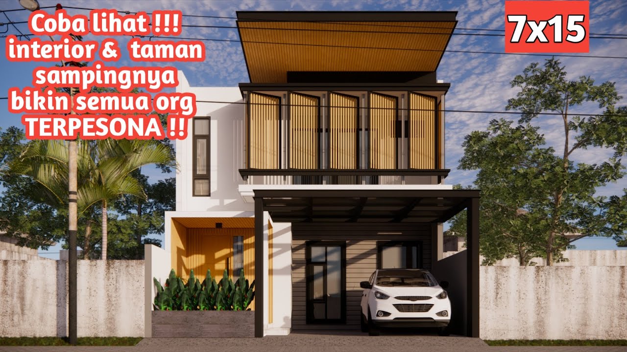 Rumah industrial minimalis 2 lantai modern 7x15 m 4 kamar dengan taman samping yang cantik