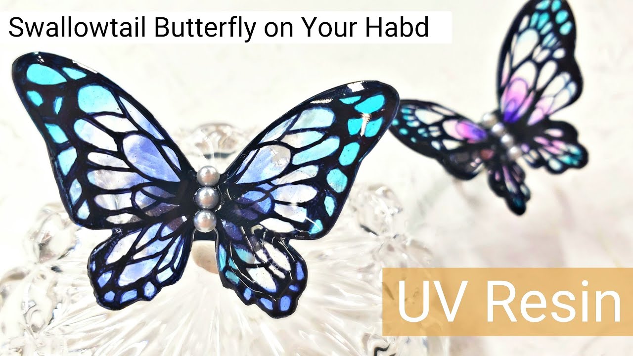 【プラ板なし！モールドなし！】 「Swallowtail Butterfly on Your Hand」UVレジンでオリジナル青い蝶々リング作り方♪【RingDIY】