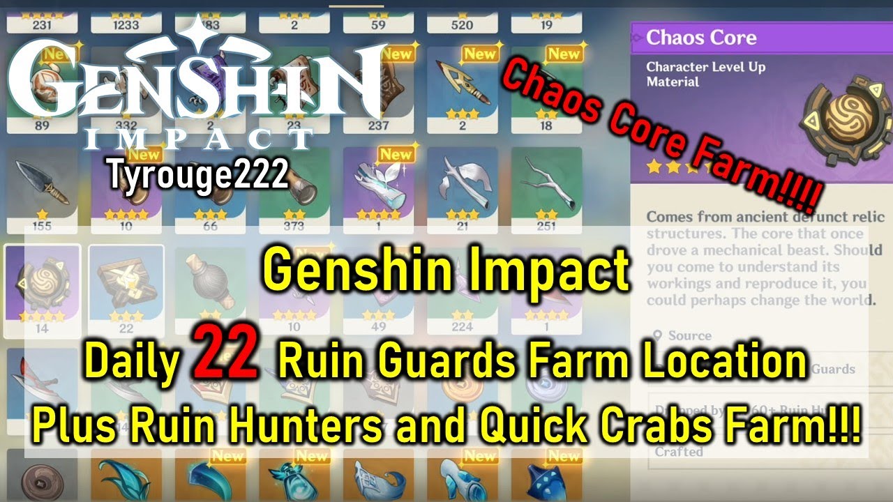 Genshin Impact - Daily 22 Ruin Guards Chaos Core Farm plus Ruin Hunters and Quick Crabs Farm!!!